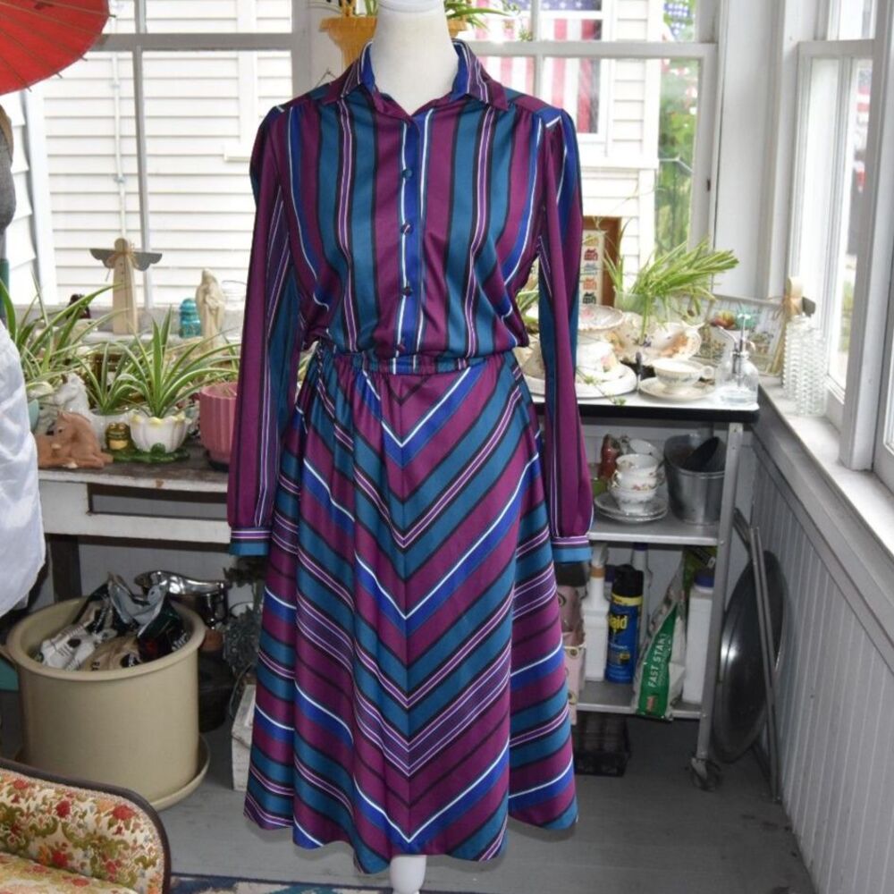 Vintage 1970s Sears The Shirtdress Striped Midi Dress Purple Blue Size 12